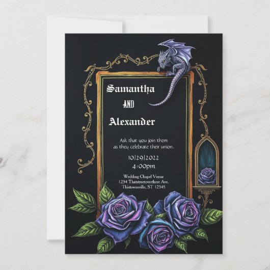 Purple Dragon and Roses Gothic Wedding Invitation (Devant)