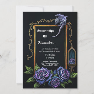Purple Dragon and Roses Gothic Wedding Invitation Kaart