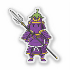 Purple Eggplant Samurai Warrior with Spear Illustr Sticker