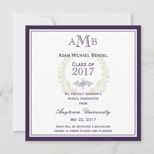 Purple Élégant Monogramme Faire-part de graduation (Devant)