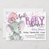 Purple Elephant Baby shower invitation fille (Devant)