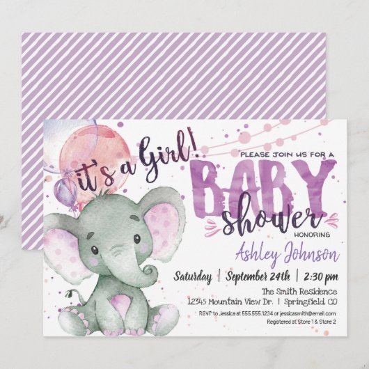 Purple Elephant Baby shower invitation fille (Devant / Derrière)