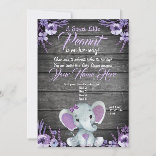 Purple Elephant Baby shower invitation rustique (Devant)