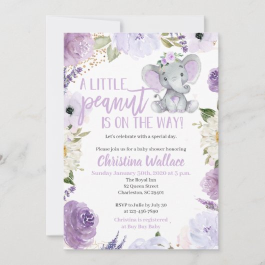 Purple Elephant Baby Shower Invitations pour une f (Devant)