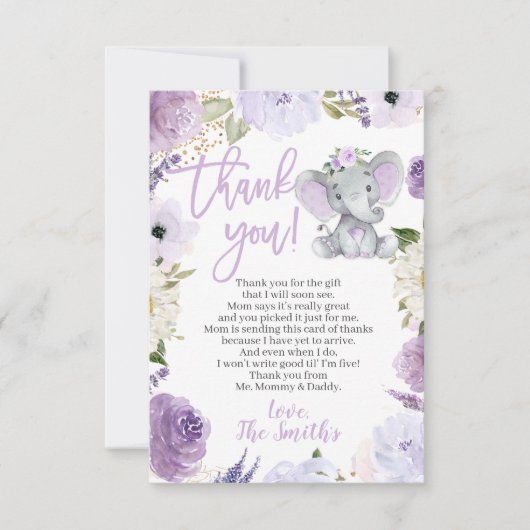 Purple Elephant Baby shower Merci Cartes (Devant)