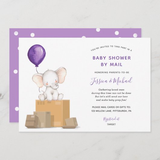 Purple Elephant Baby shower par invitation par cou (Devant / Derrière)
