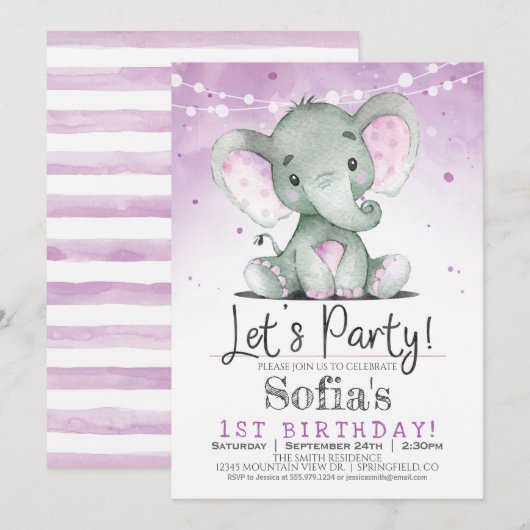 Purple Elephant Girl Birthday Party Invitation (Devant / Derrière)