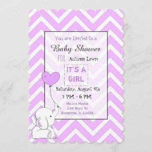 Purple Elephant Themey Baby Shower Invitations