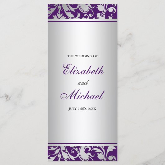 Purple et Argent Damask Swirls Wedding Programme (Devant)