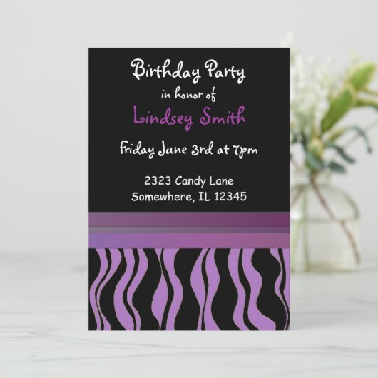 Purple et Black Zebra Imprimer Invitation d'annive (Debout devant)