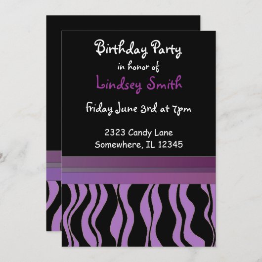 Purple et Black Zebra Imprimer Invitation d'annive (Devant / Derrière)