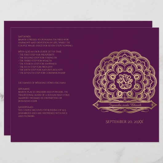 Purple et Gold Mandala Programme de mariage hindou (Devant / Derrière)
