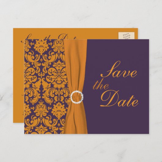 Purple et Orange Damask Enregistrer la carte Date (Devant / Derrière)