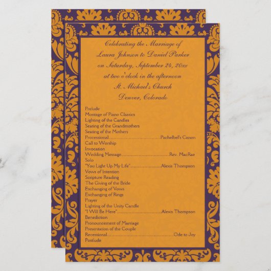 Purple et Orange Mariage damassé Programme II (Devant / Derrière)