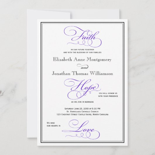 Purple Faith Hope Love Script Faire-part de mariag (Devant)