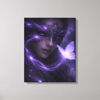 Purple Fantasy Mask Woman with Glowing Butterfly Canvas Afdruk