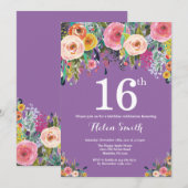 Purple Floral 16e anniversaire Invitation (Devant / Derrière)