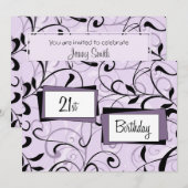 Purple Floral 21e Anniversaire Fête Cartes d'invit (Devant / Derrière)