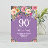 Purple Floral 90e anniversaire Invitation (Debout devant)