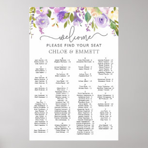 Purple Floral Alphabetical Wedding Seating Chart Poster
