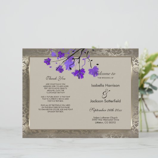 Purple Floral & Antique Silver Wedding Programme (Debout devant)
