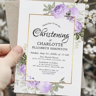 Purple Floral Aquarelle Christening Invitation
