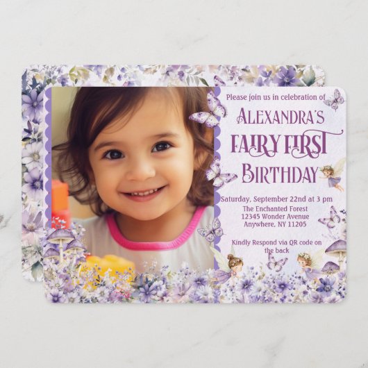 Purple Floral Fairy First QR Code Photo Birthday Kaart (Voorkant / Achterkant)