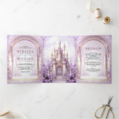Purple Floral Fairytale Castle All in One Wedding Drieluik Uitnodiging (Binnen)