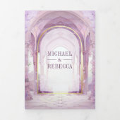 Purple Floral Fairytale Castle All in One Wedding Drieluik Uitnodiging (Cover)