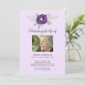 Purple Floral Life Célébration photo Invitation (Debout devant)