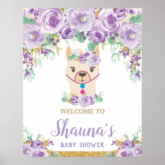 Purple Floral Llama Baby shower Affiche de bienven (Devant)