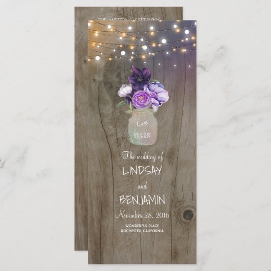 Purple Floral Mason Jar Mariage rustique Programme (Devant / Derrière)