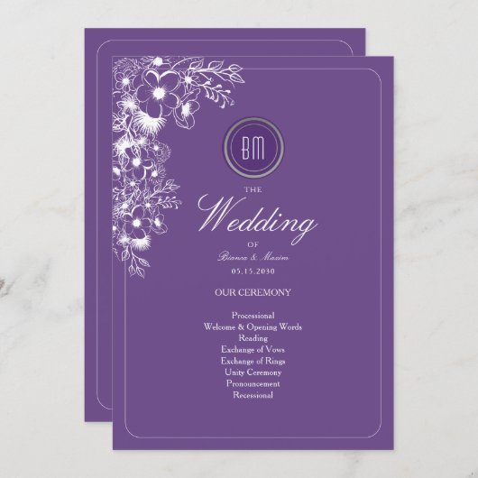 Purple Floral Monogram Wedding Program (Voorkant / Achterkant)
