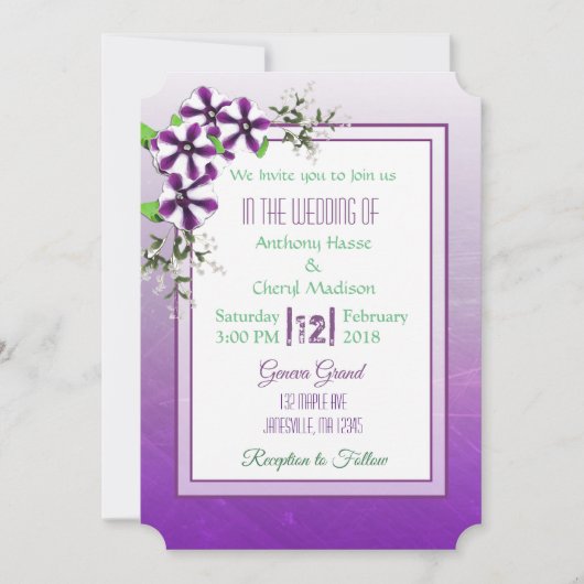 Purple Floral Petunias Lace Mariage Invitations (Devant)