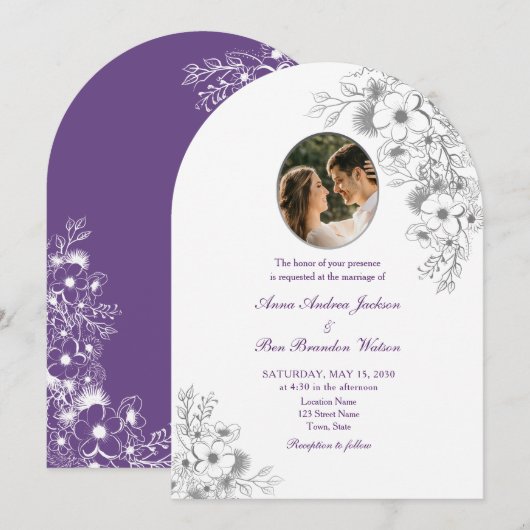 Purple Floral Photo Arched Wedding Kaart (Voorkant / Achterkant)