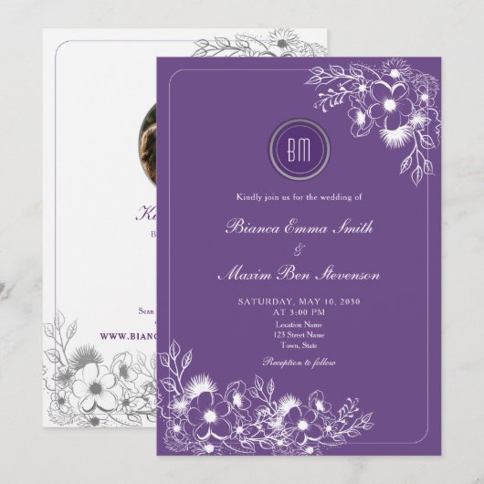 Purple Floral Photo QR Code Wedding Kaart (Voorkant / Achterkant)