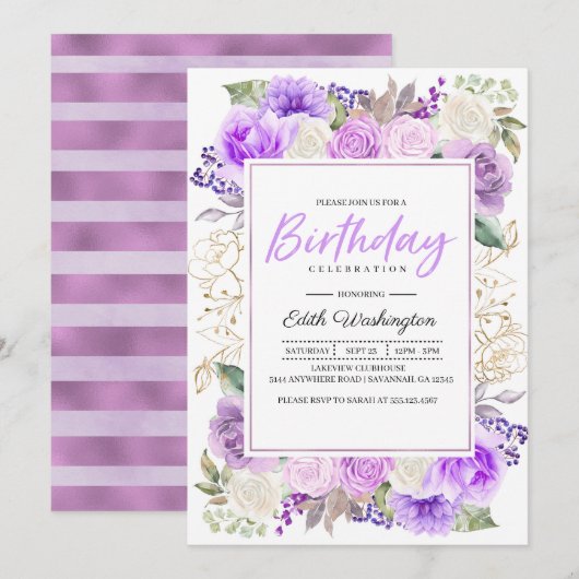 Purple Floral Printemps Anniversaire Invitation (Devant / Derrière)