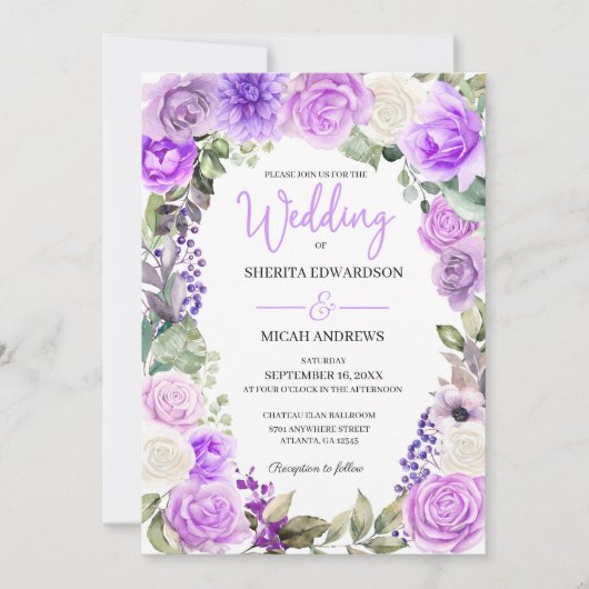 Purple Floral Printemps Invitation de mariage (Devant)