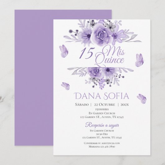 Purple Floral Quincenera Invitation Espagnol (Devant / Derrière)