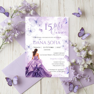 Purple Floral Quincenera Invitation Spanish Kaart