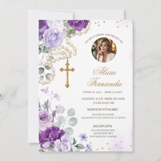 Purple Floral Rosary Catholic Funeral Invitation (Devant)