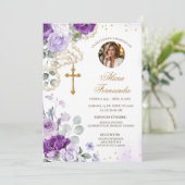 Purple Floral Rosary Catholic Funeral Invitation (Debout devant)