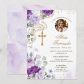 Purple Floral Rosary Catholic Funeral Invitation (Devant / Derrière)