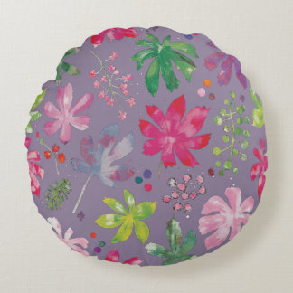 Purple Floral Round Pillow – Pink Garden Pattern  Rond Kussen