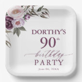Purple Floral Script 90th Birthday  Papieren Bordje (Voorkant)
