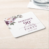 Purple Floral Script 90th Birthday  Vierkante Kartonnen Onderzetter (Schuin)