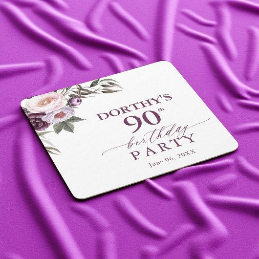 Purple Floral Script 90th Birthday  Vierkante Kartonnen Onderzetter