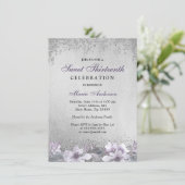 Purple Floral Silver Shimmer Sweet 13 Invitation (Debout devant)