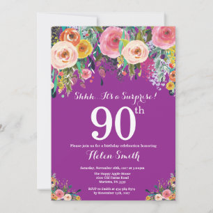 Purple Floral Surprise 90e anniversaire Invitation