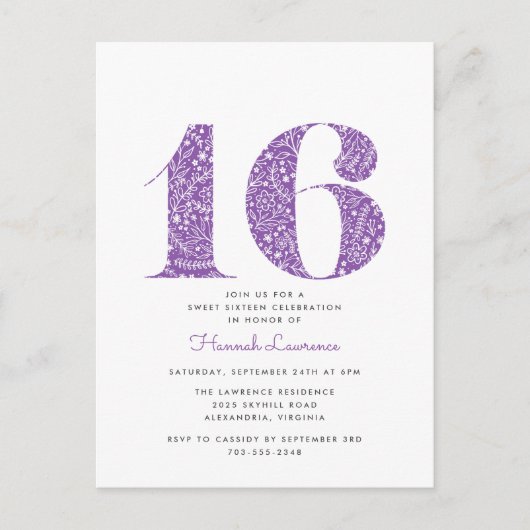 Purple Floral Sweet 16 Anniversaire Invitation (Devant)